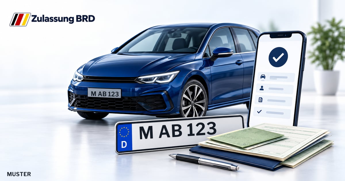 Online Fahrzeugzulassung in Grasbrunn-Neukeferloh: Musterkennzeichen M AB 123, Auto und Fahrzeugpapiere und Smartphone. Illustration mit Logo von Zulassung BRD.